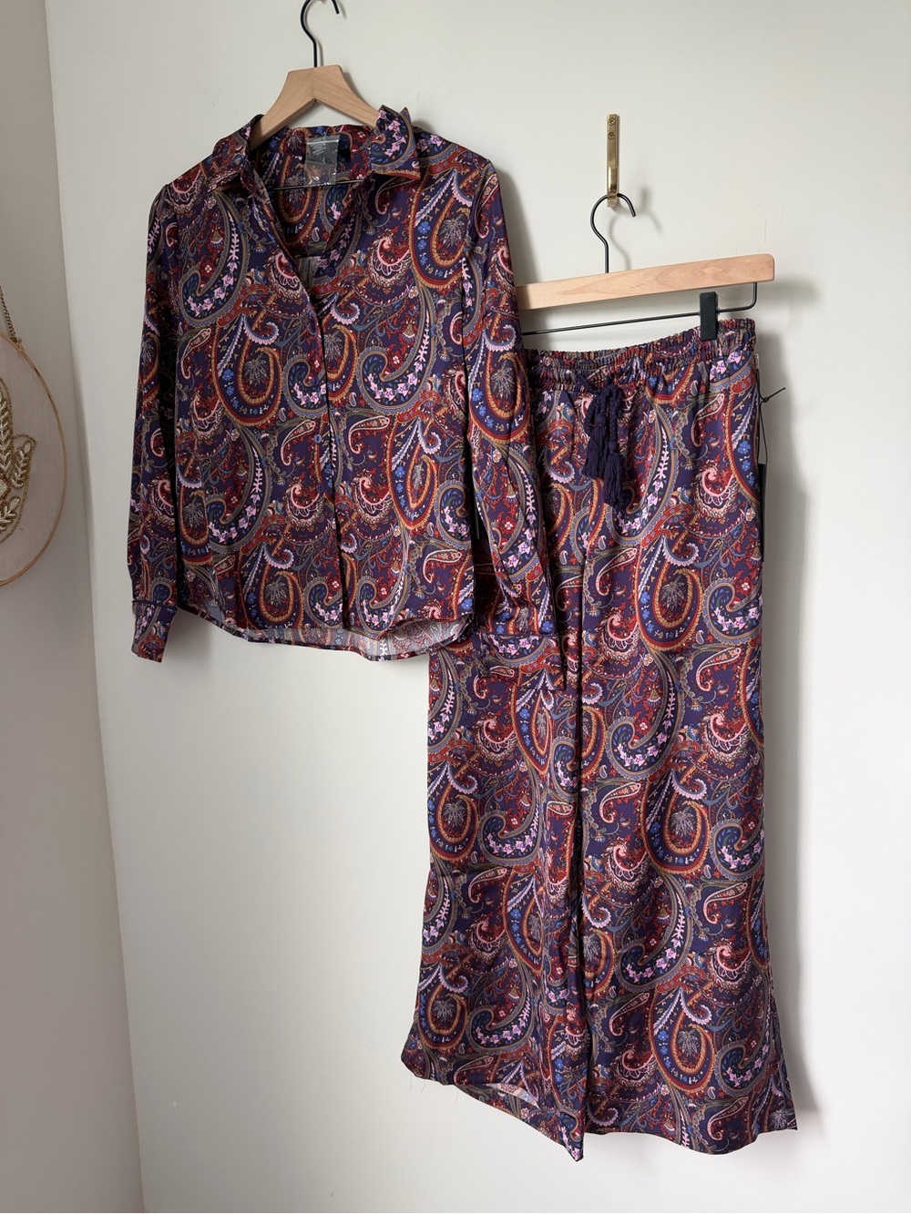 Purple blue Paisley long sleeve Button-Up Top and wide leg pants two piece set